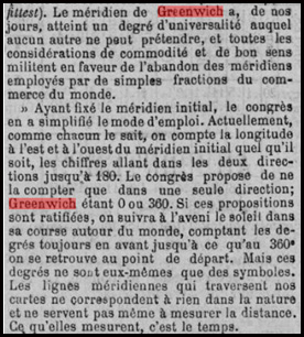 La question du méridien continuera d'alimenter les colonnes des journaux locaux entre les années 1880 et 1911 avec les discussions au Congrès de Rome puis de Washington.